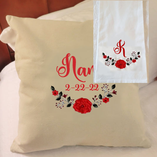 Wedding Gift Bundle - Floral Arc Pillow Cover & Hand Towel