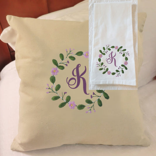 Wedding Gift Bundle - Floral Circle Pillow Cover & Hand Towel