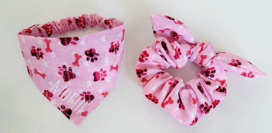 Cat Bandana & Scrunchie Set - Pink Hearts & Paw Prints