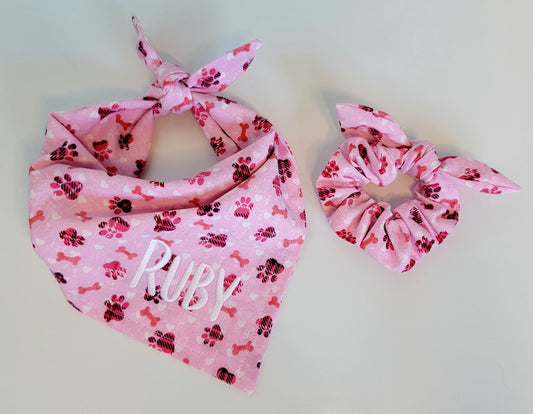 Dog Bandana & Scrunchie Set - Pink Hearts & Paw Prints