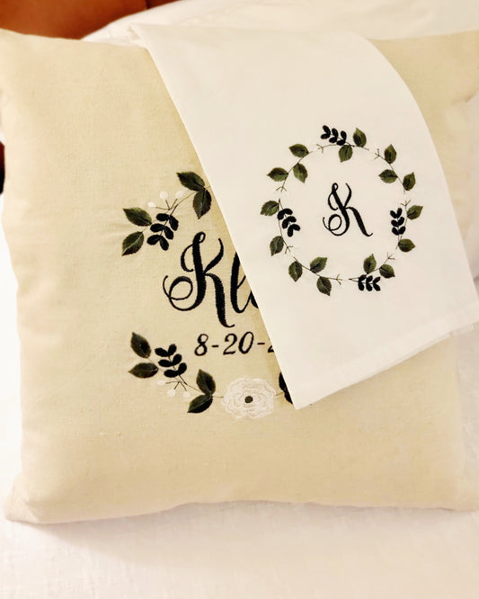 Wedding Gift Bundle - Greenery Pillow Cover & Hand Towel